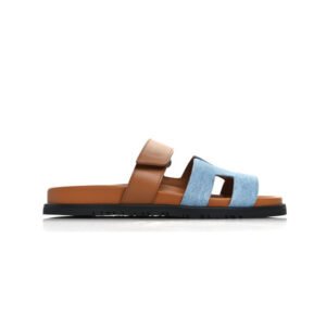 HERMES Denim Calfskin Chypre Sandals Bleu Clair Naturel