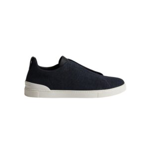 Zegna Navy Blue Cotton Linen and Leather Triple Stitch™ Sneakers