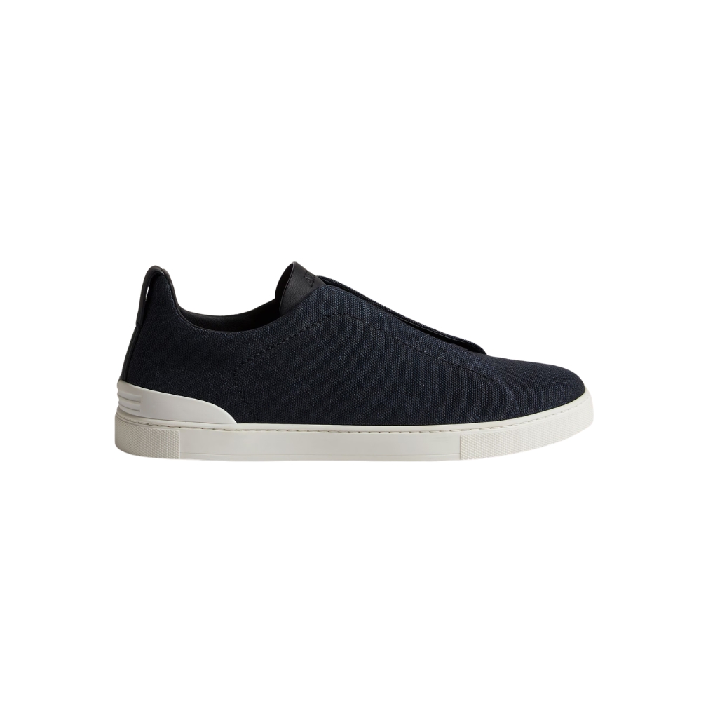 Zegna Navy Blue Cotton Linen and Leather Triple Stitch™ Sneakers